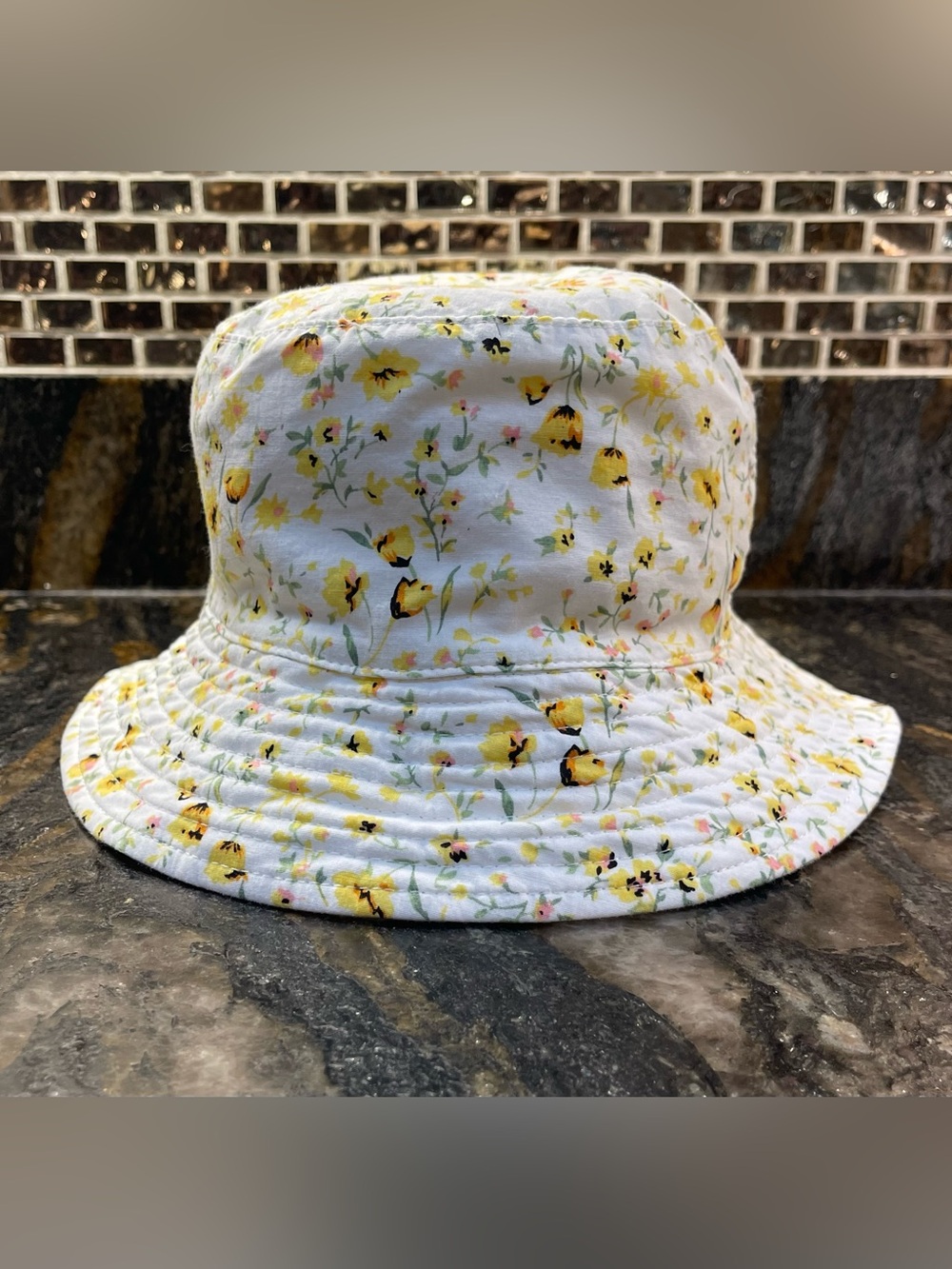 Women’s Floral Bucket Hat in Yellow Floral on White 100% Cotton